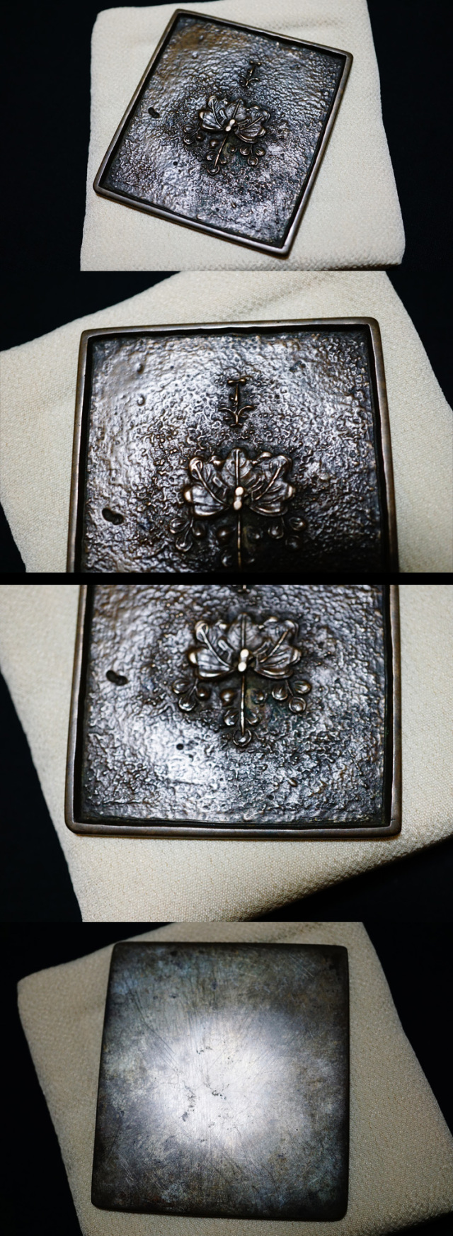 中国古鏡【桐箱付】10cm 室町時代『桐家紋角形懐中古鏡』寒山箱書