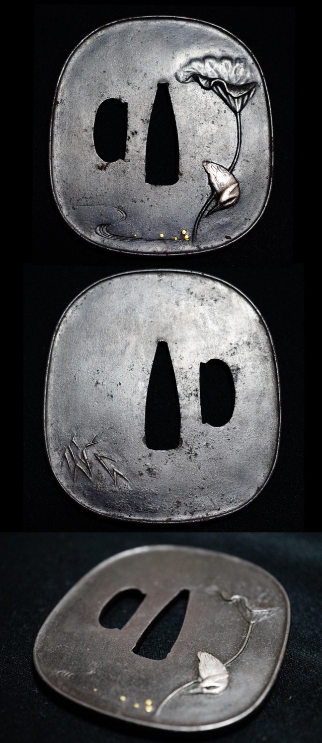 稀少最高峰巨匠蓮に川蝉図鐔『加納派』保存刀装具